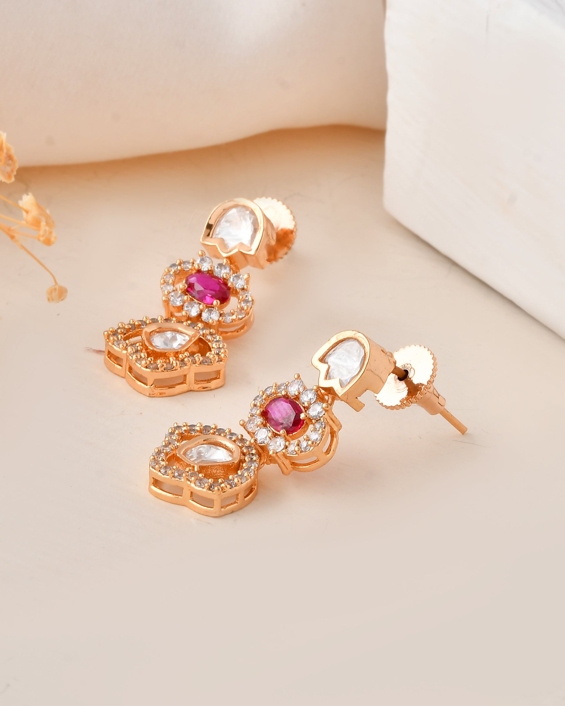 Gold Plated Ruby and Kundan Drop Earrings