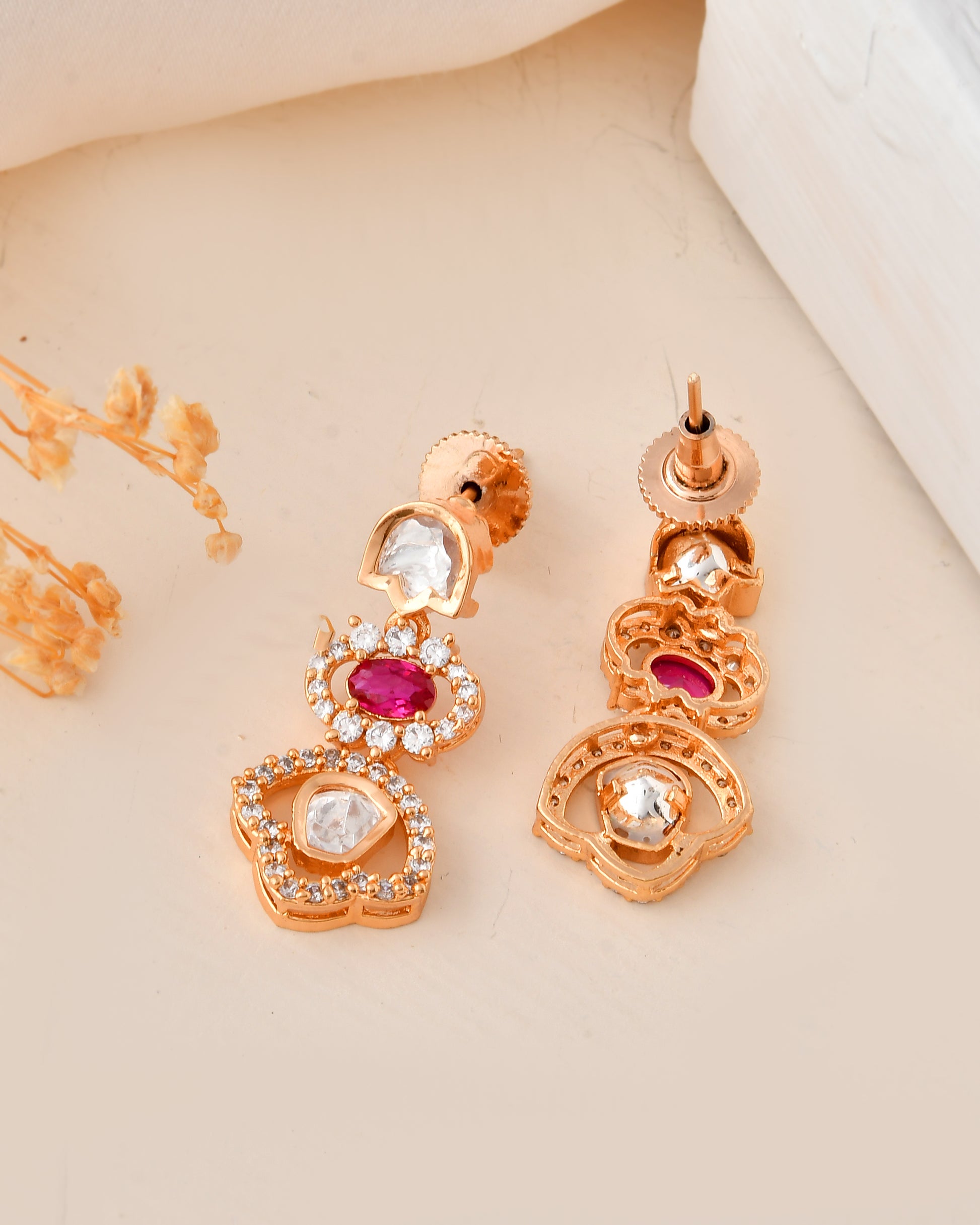 Gold Plated Ruby and Kundan Drop Earrings