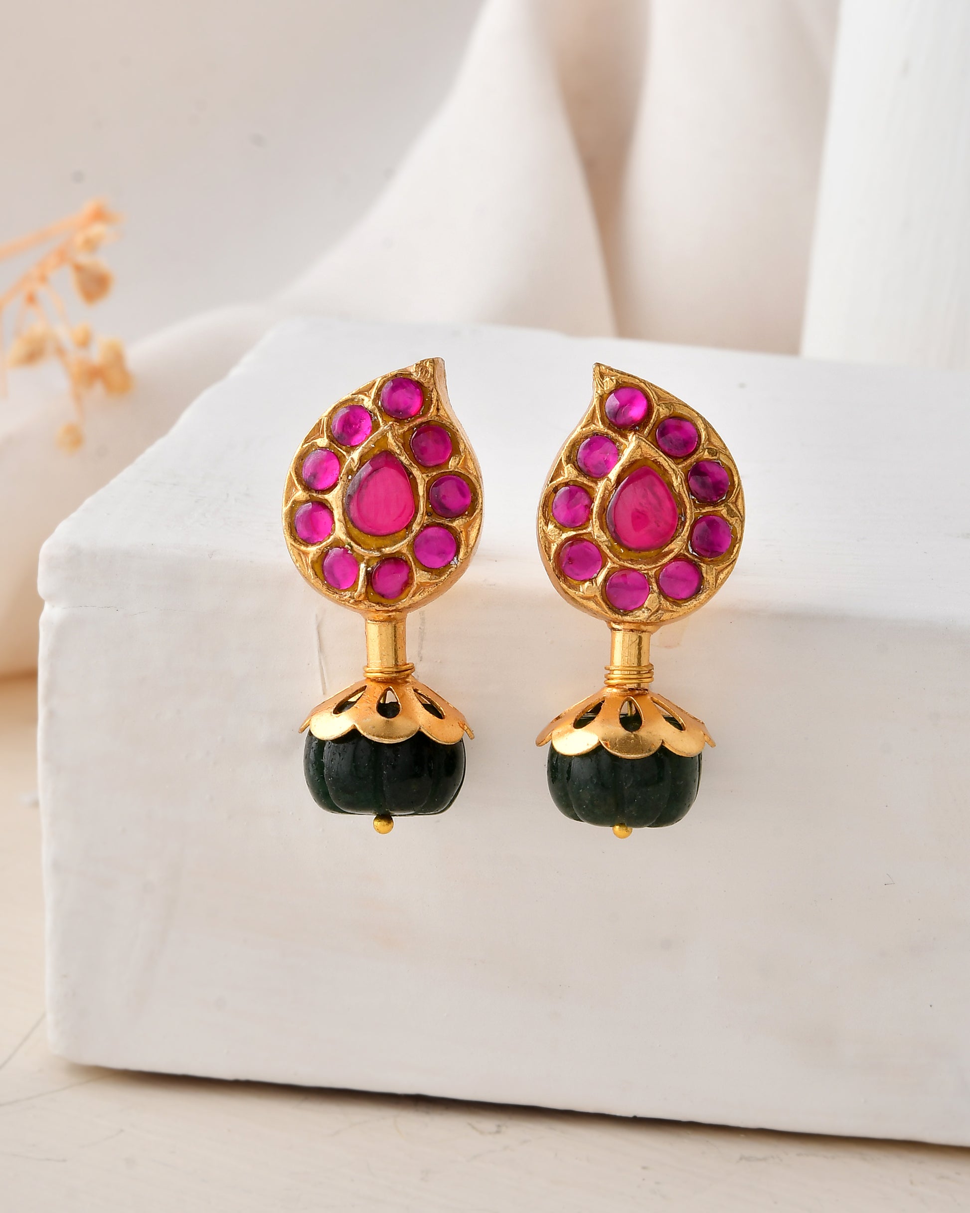 Gold Plated Pink and Green Drop Earrings