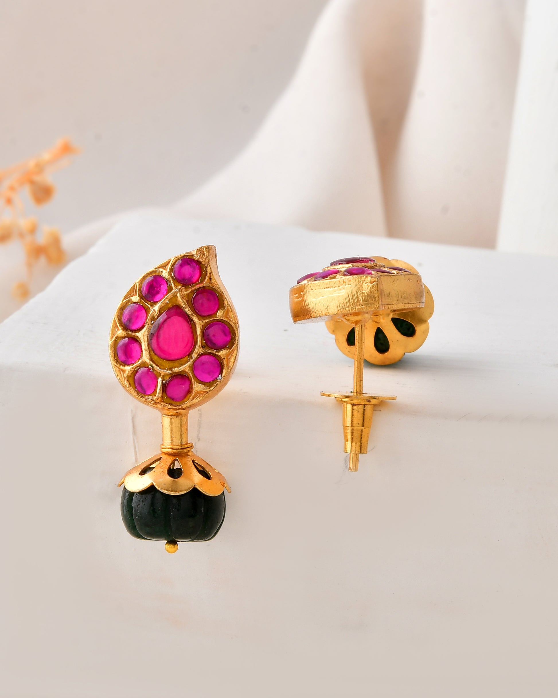 Gold Plated Pink and Green Drop Earrings