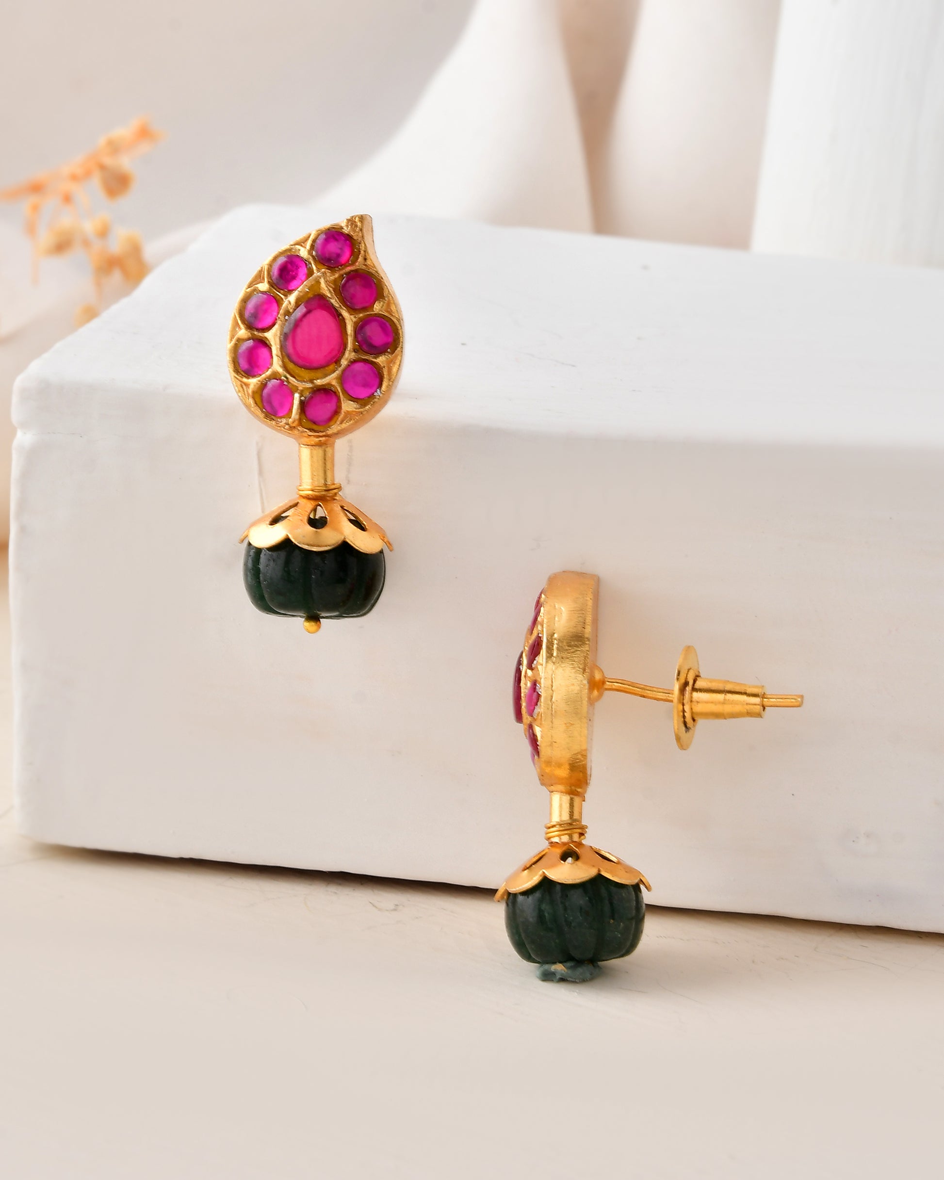 Gold Plated Pink and Green Drop Earrings
