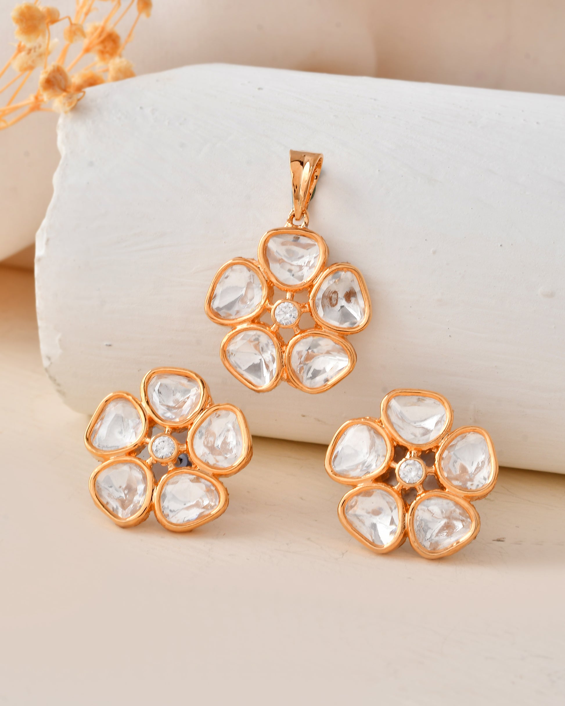 Floral Gold-Tone Pendant & Earring