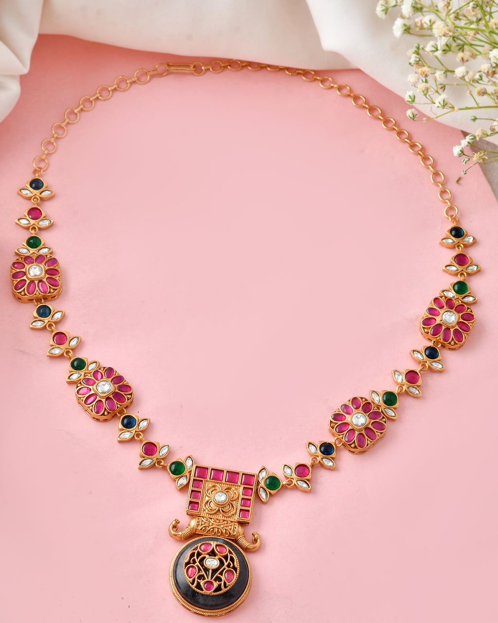 Traditional Temple Design Multicolor Stone Necklace Set