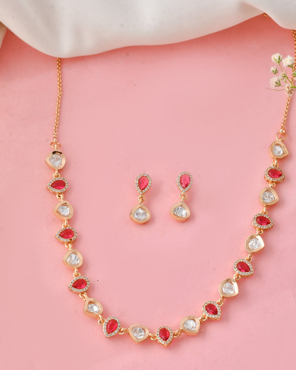 Red and White Teardrop Stone Necklace Set