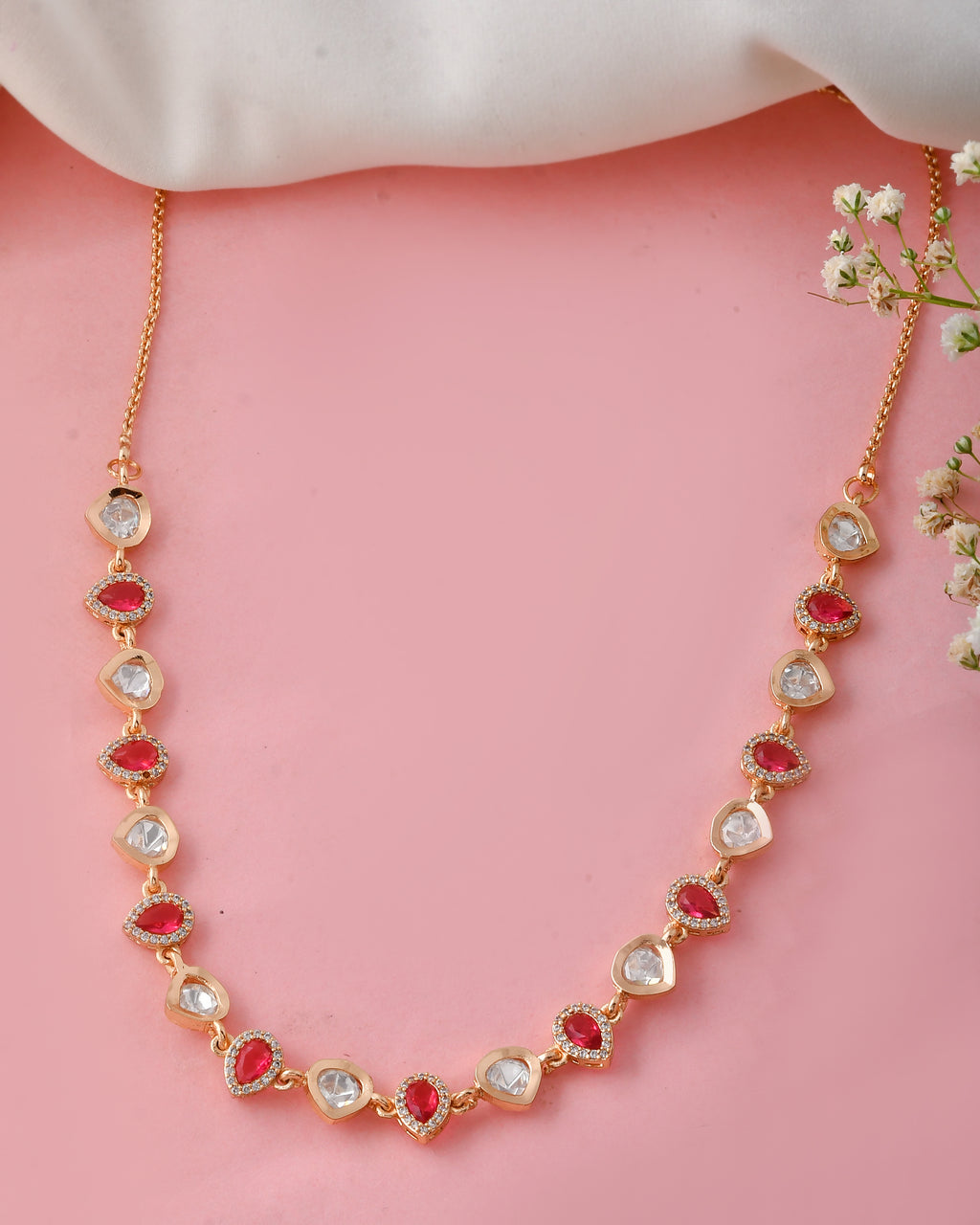 Red and White Teardrop Stone Necklace Set