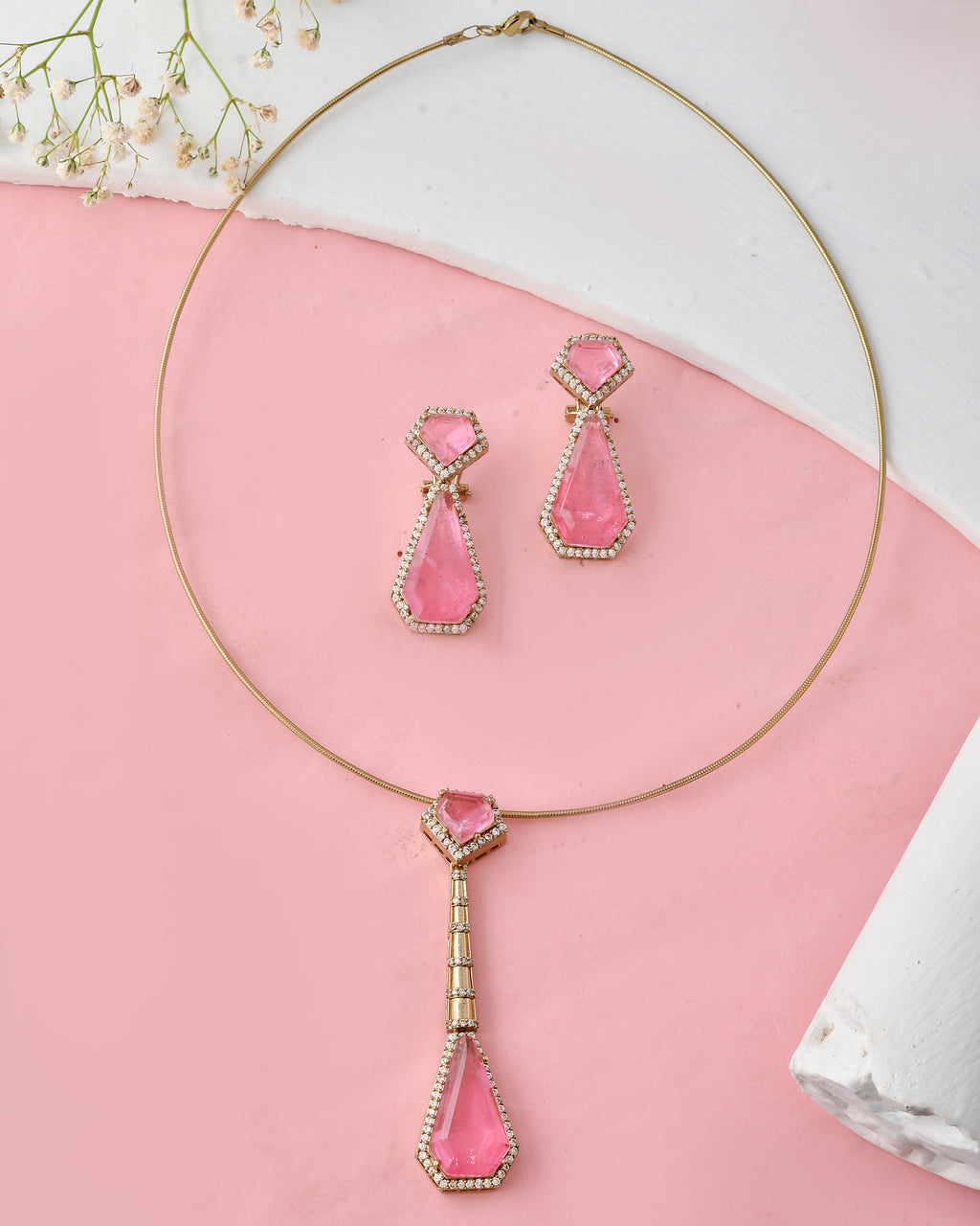 Elegant Pink Stone Drop Necklace Set