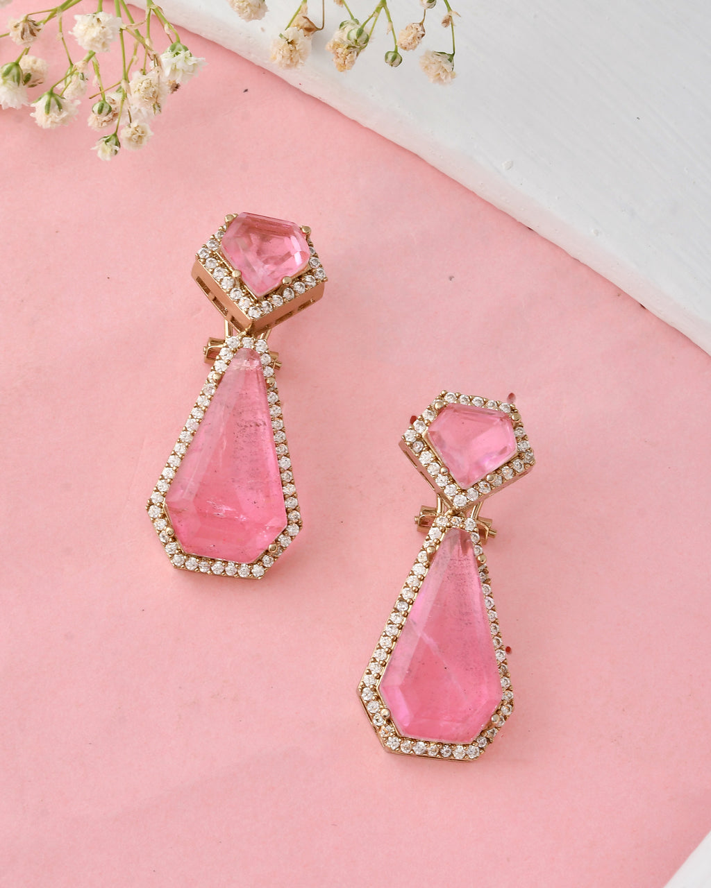 Elegant Pink Stone Drop Necklace Set