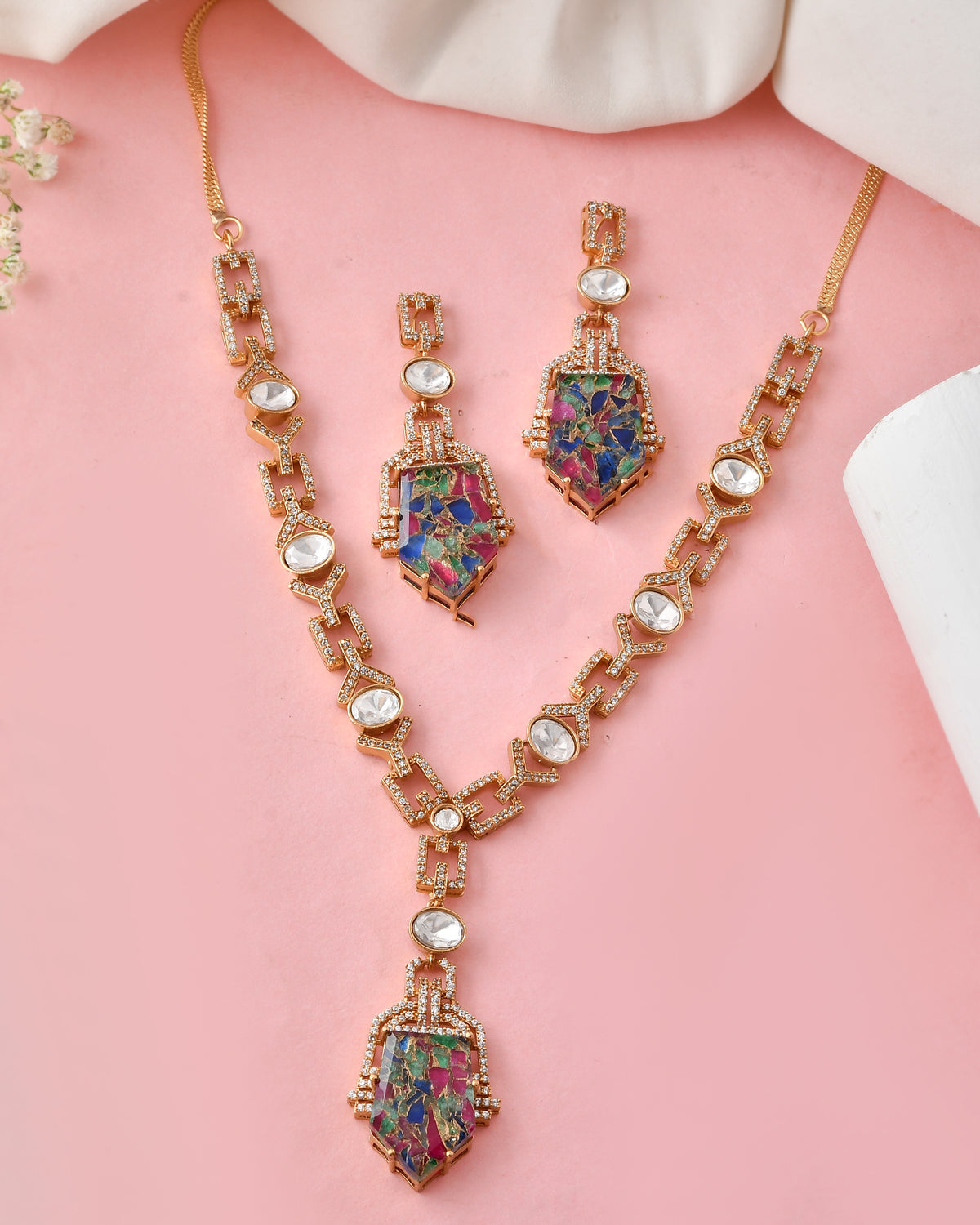 Multicolor Stone Gold-Plated Necklace Set