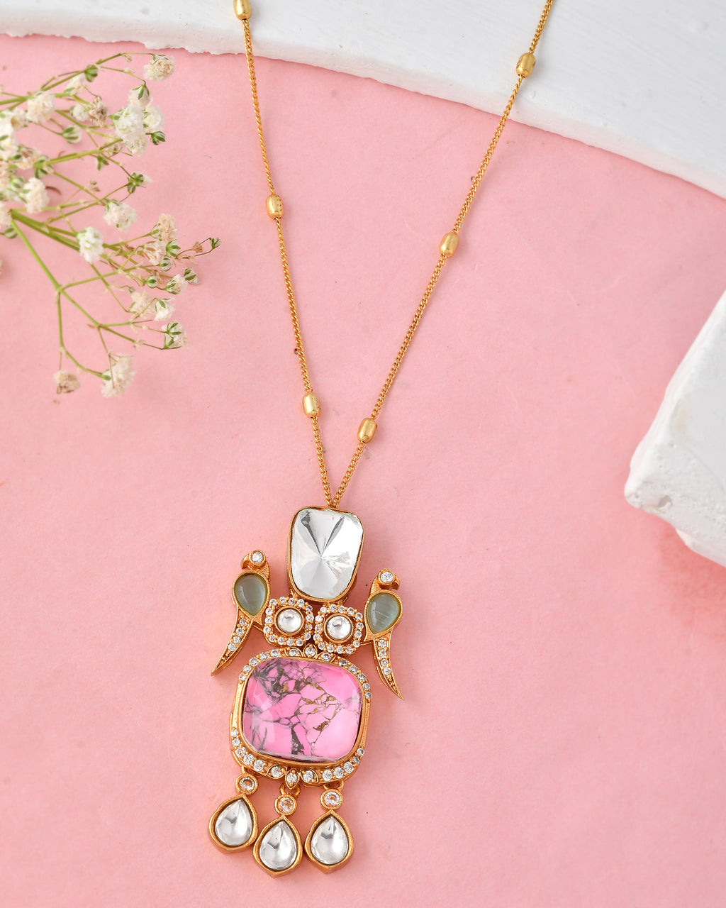 Statement Pink Stone Kundan Pendant Necklace Set