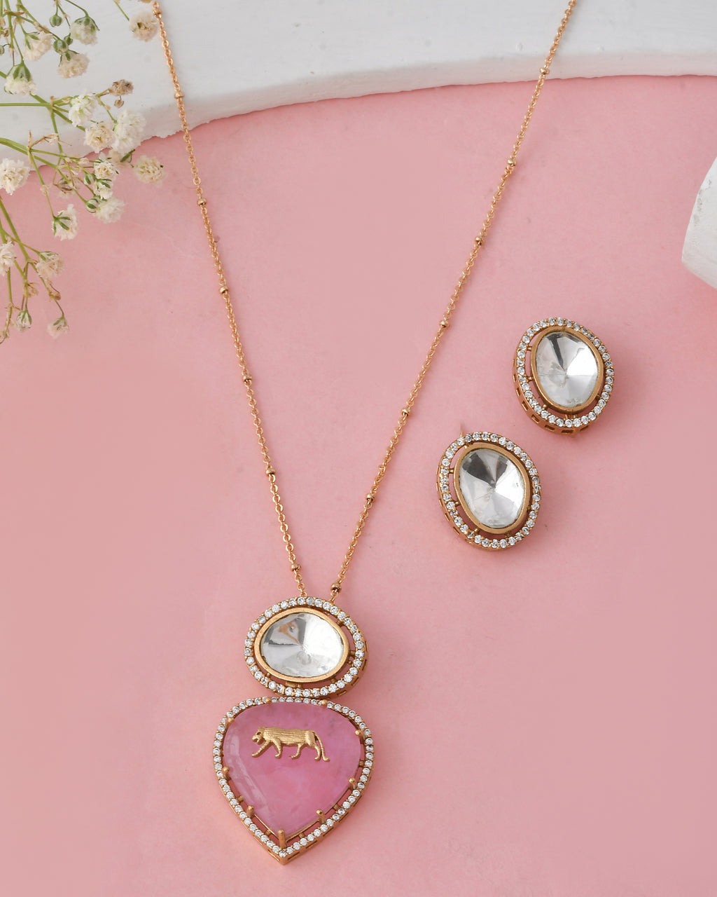 Royal Heart Pink Kundan Necklace Set