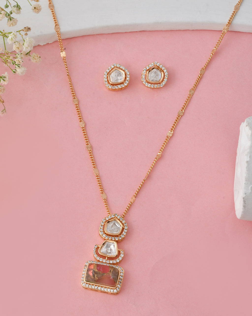 Peach Stone Gold-Plated Kundan Necklace Set