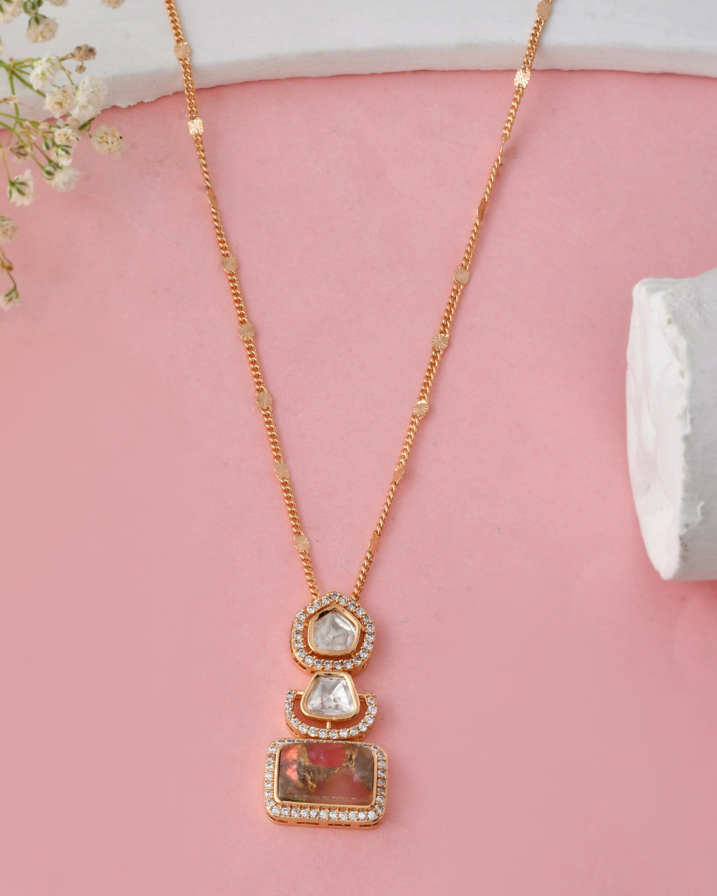 Peach Stone Gold-Plated Kundan Necklace Set