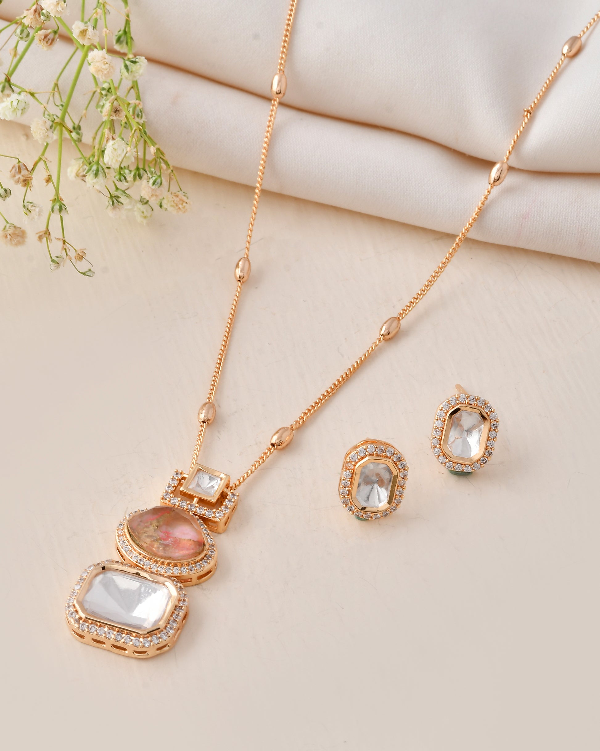 Rose Gold Layered Pendant and Stud Earring Set