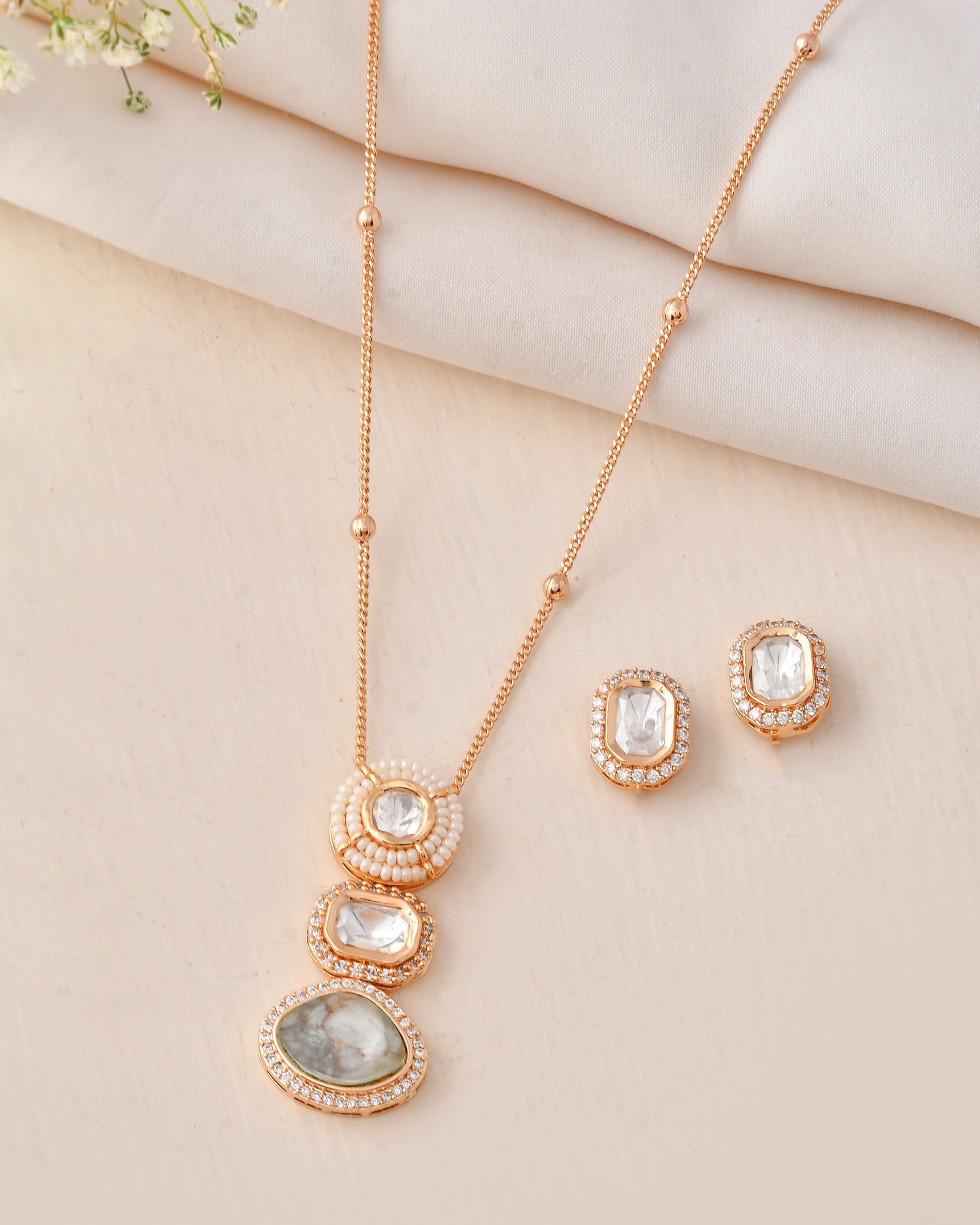 Layered Crystal & Pearl Pendant Necklace Set
