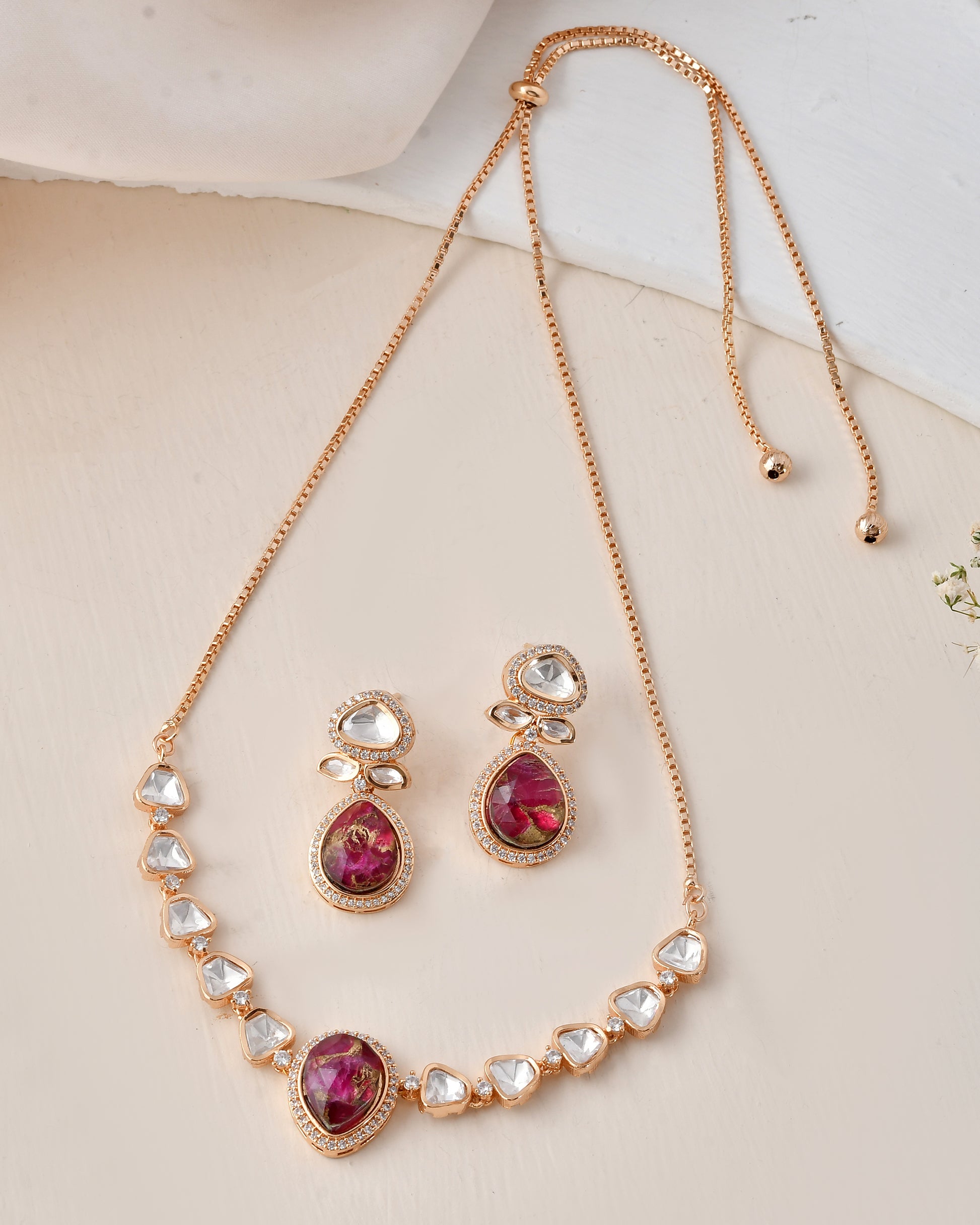 Elegant Ruby & Crystal Teardrop Necklace Set