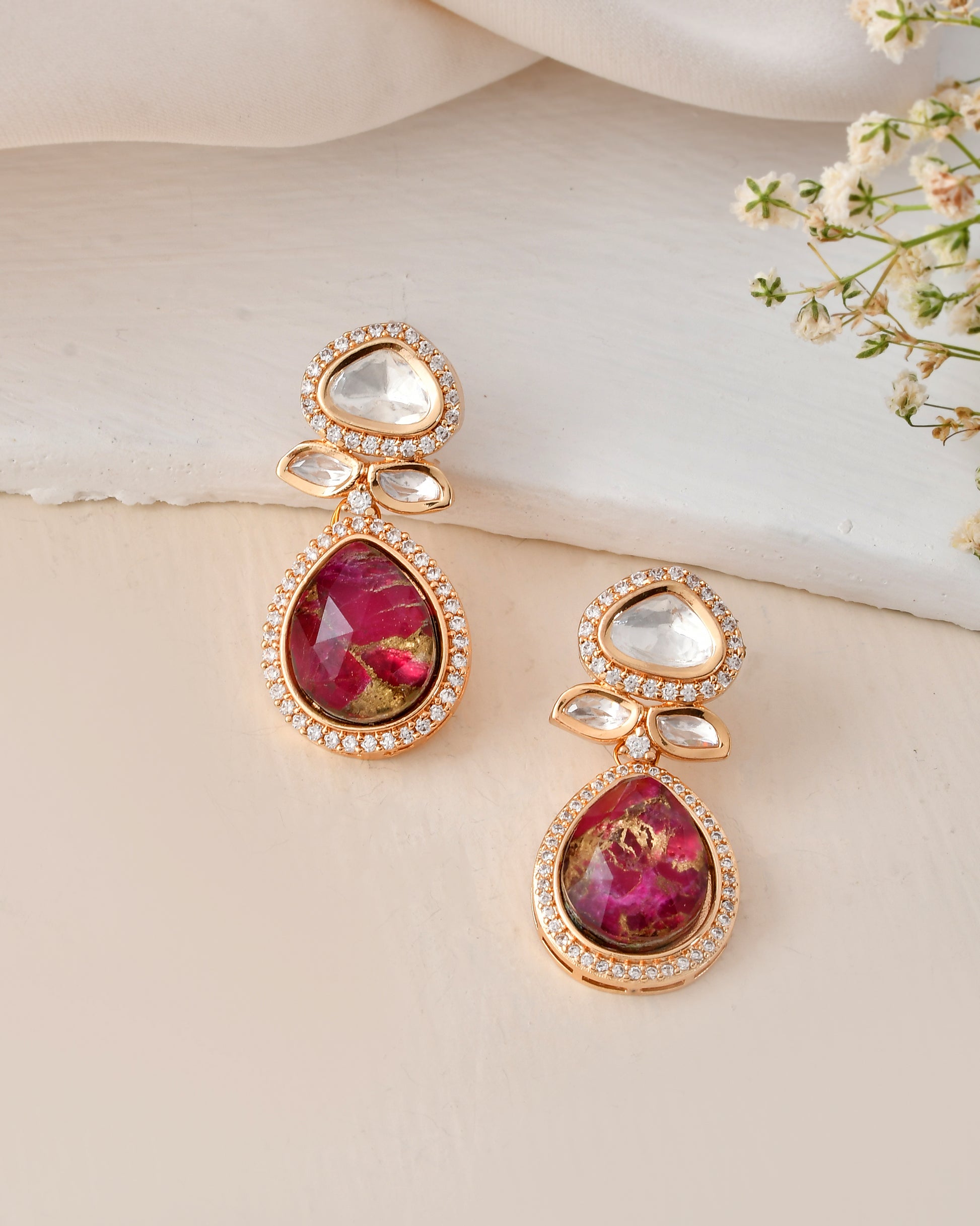 Elegant Ruby & Crystal Teardrop Necklace Set