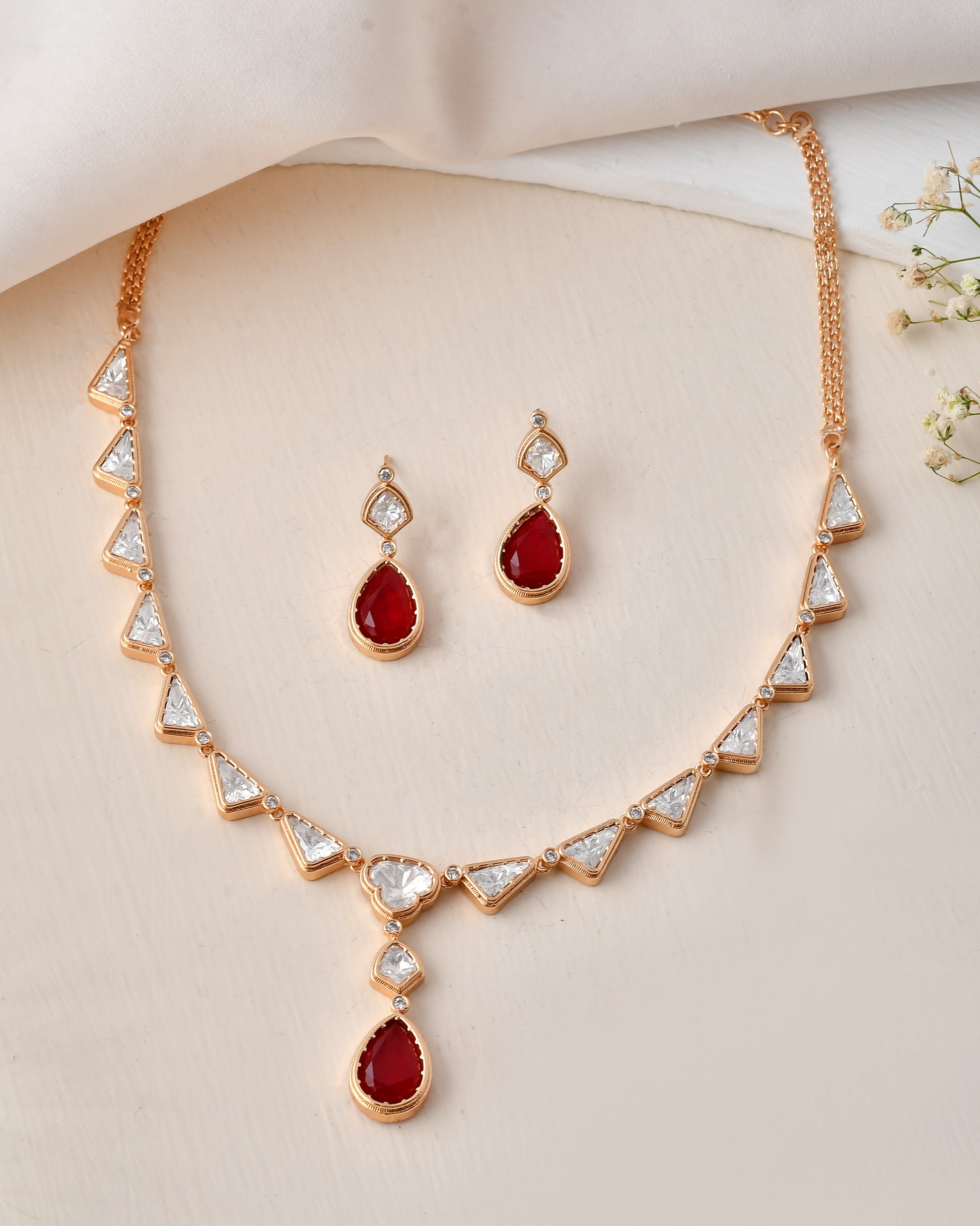 Elegant Red & White Stone Gold-Plated Necklace Set