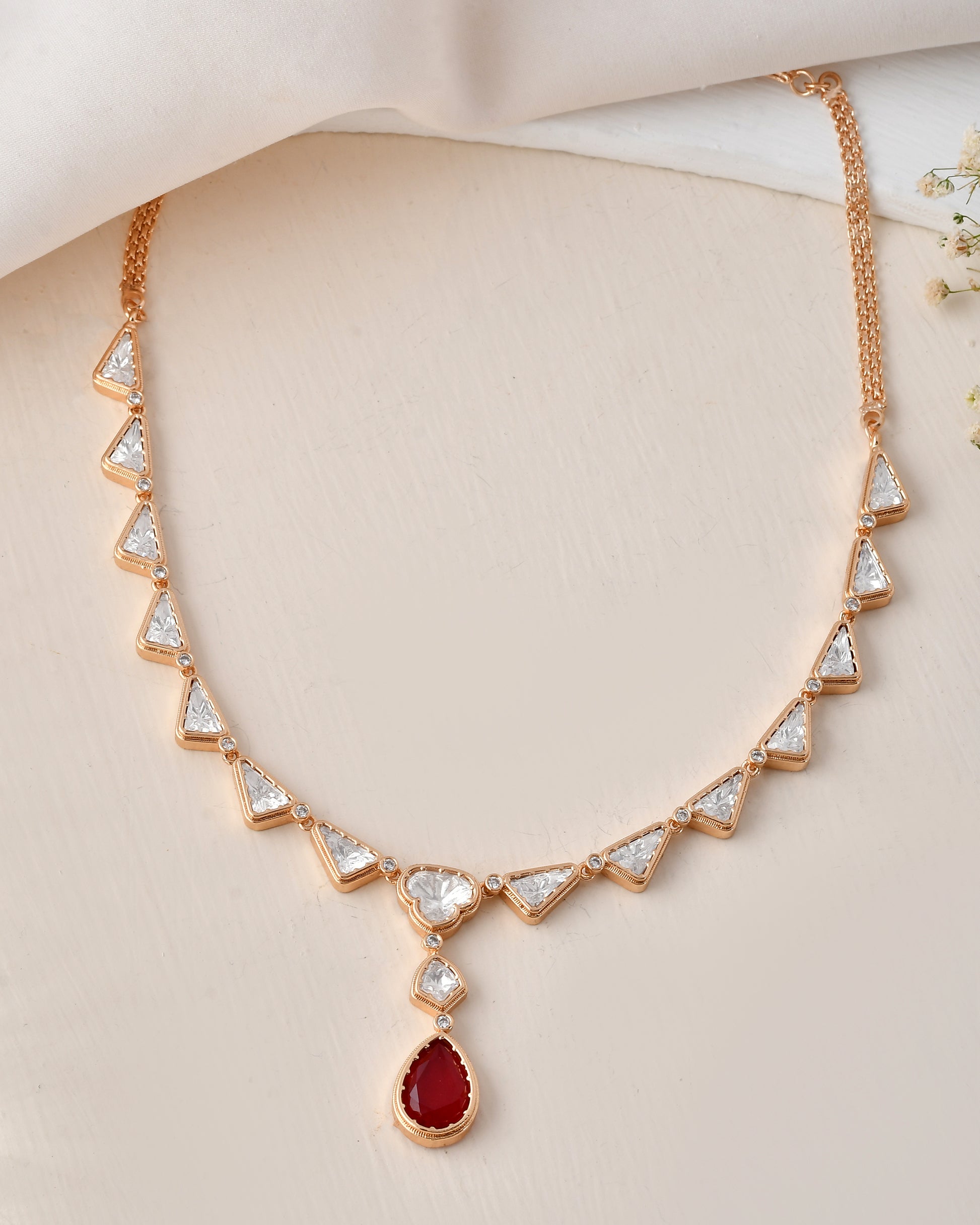 Elegant Red & White Stone Gold-Plated Necklace Set