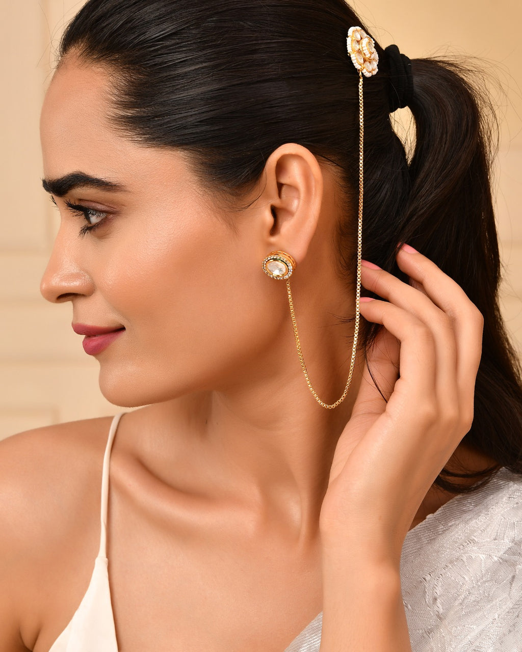 Kundan Ear Chain with Moissanite Stud