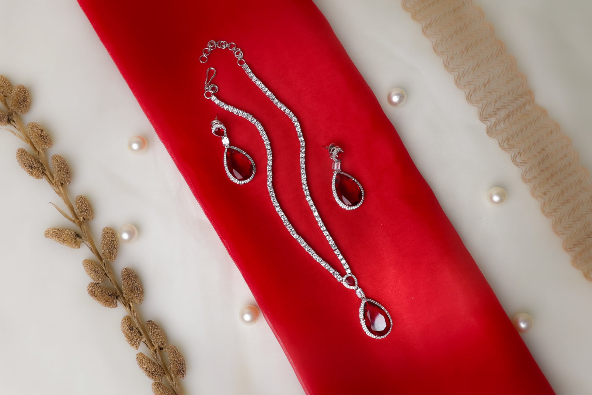 White Stone Necklace with Ruby Pendant