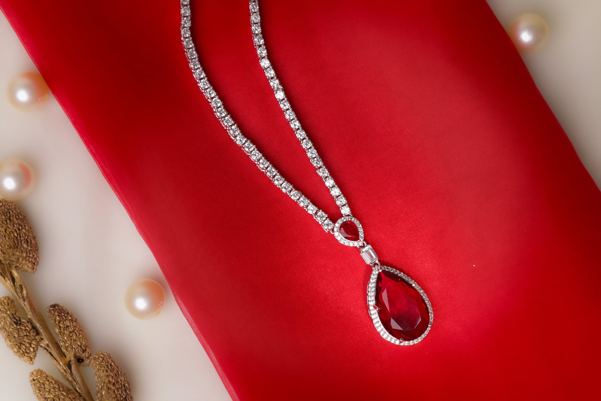 White Stone Necklace with Ruby Pendant
